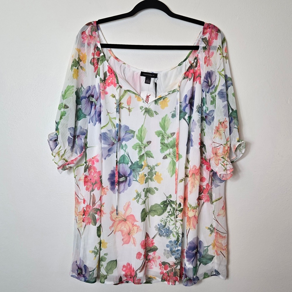Tamara H. Womens 2X Floral Chiffon V-Neck Tie Blouse White‎ Pink Purple NWT